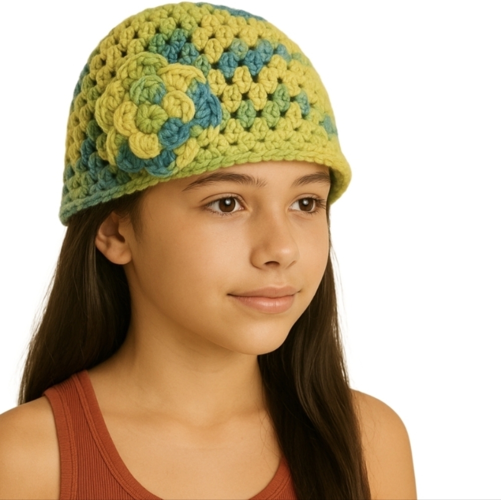 Hand Crafted yellow & blue handmade crotchet hat floral design small grannycore